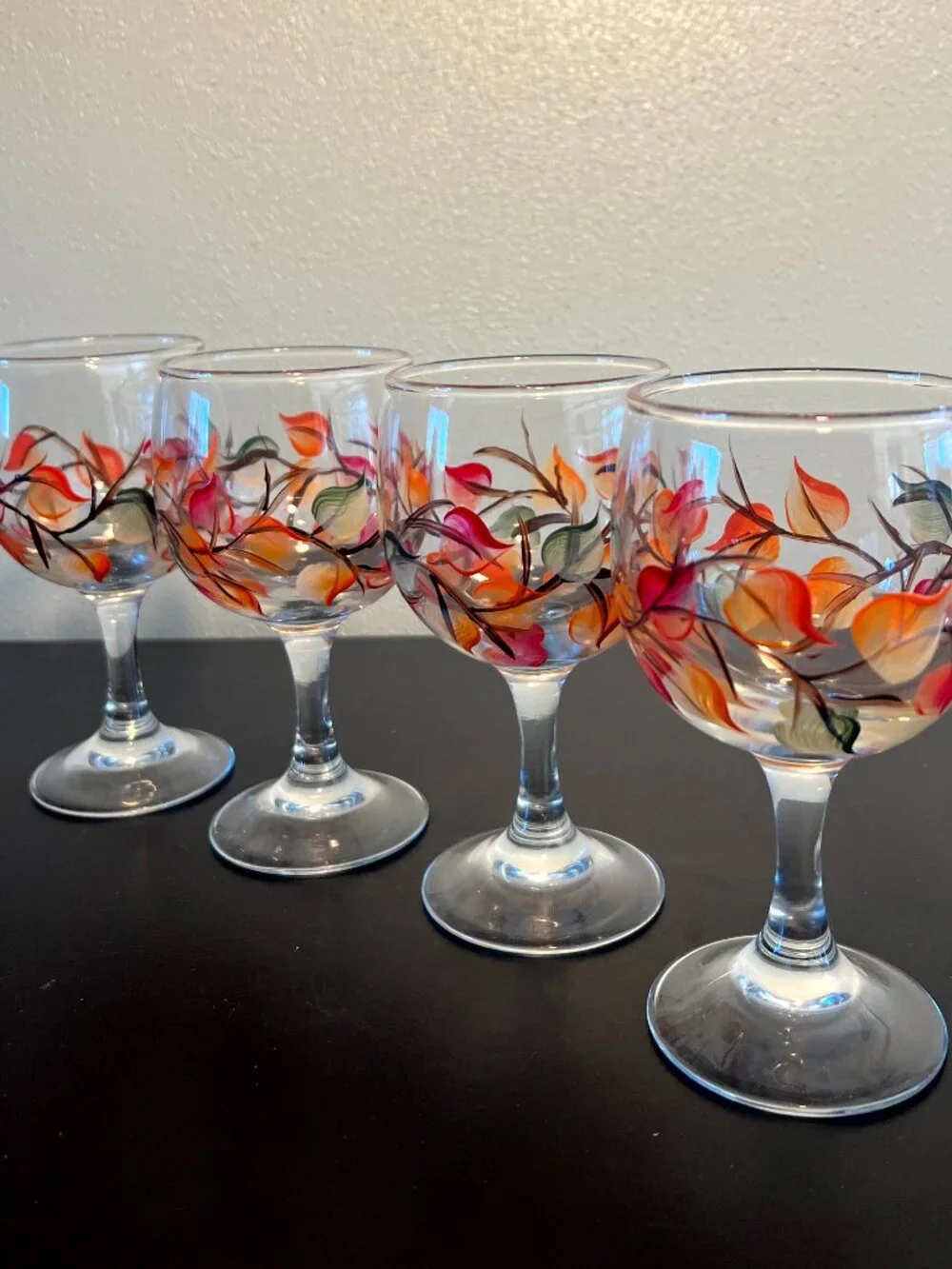 Vintage Hand Painted Autumn Leaves Wine Glasses Goblets Botanical Set of 4